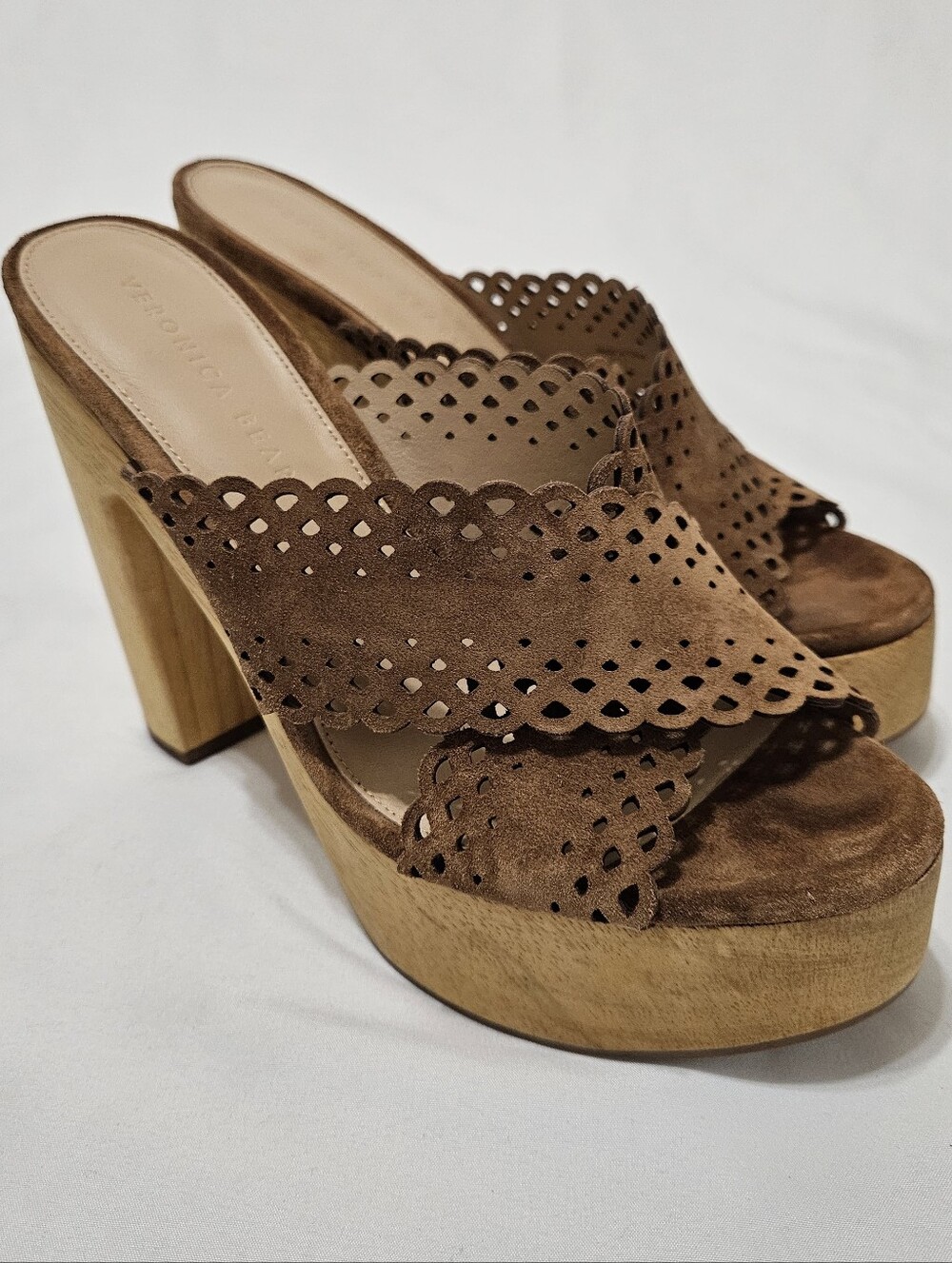 Veronica Beard Gaynor Scalloped Brown Leather Platform Wood Heel Mule Sandals 8